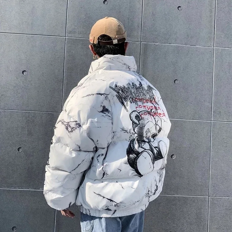 TPJB Winter Down Padded Jacket Men Women Cartoon Bear Print Oversized Streetwear Parka Couple Harajuku Thick Warm Bubble Coat