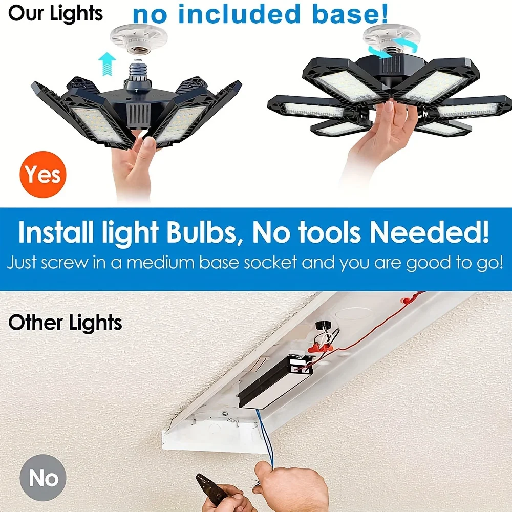 Luzes de garagem deformáveis com painéis 7 + 1 ajustáveis, luz de loja, luz de teto para armazenamento de oficina, E26, E27, 6500K, 1 Pc, 2 Pcs, 4Pcs