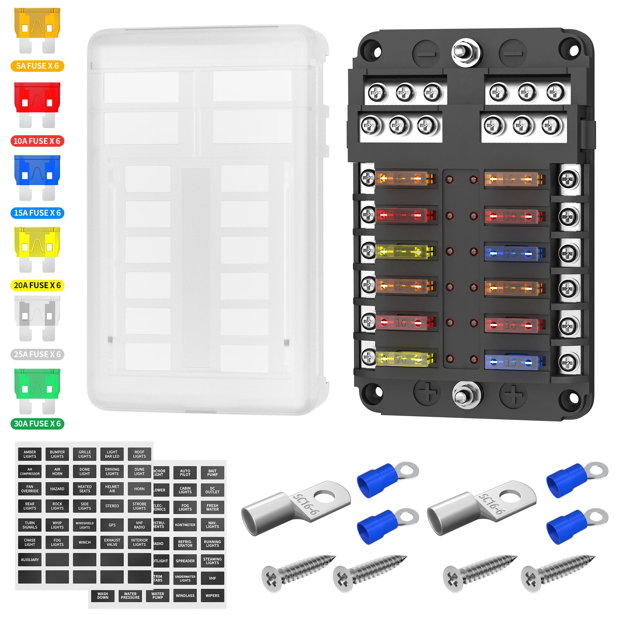 12V Fuse Block 12 Way 12 Volt Fuse Box ATO/ATC Marine Fuse Panel with LED Indicator Light Waterproof 24V for Boat Car Automotive