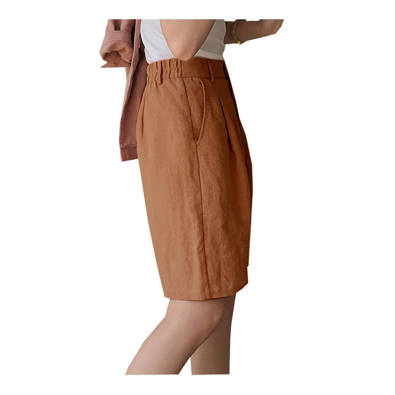 Linen Spring and Summer Women's Nickel Pants Simple Elastic Waist White Casual Medium Pants Comfortable Cool Sweat Absorption