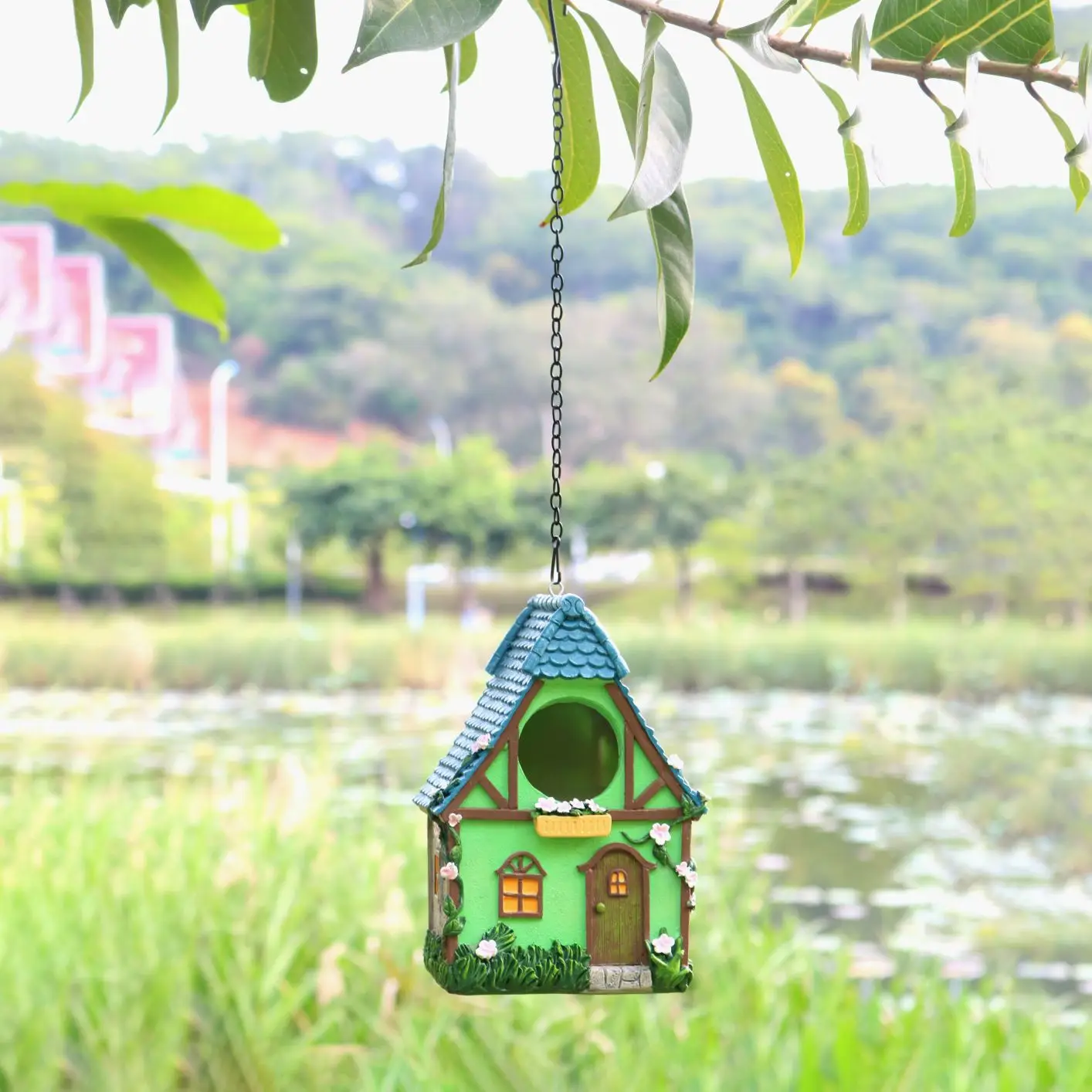 Cute Fairy Cottage Bird Feeder, Hang On Garden Trees To Attract Wild Birds. Waterproof Resin, Lovely Yard Decoration.