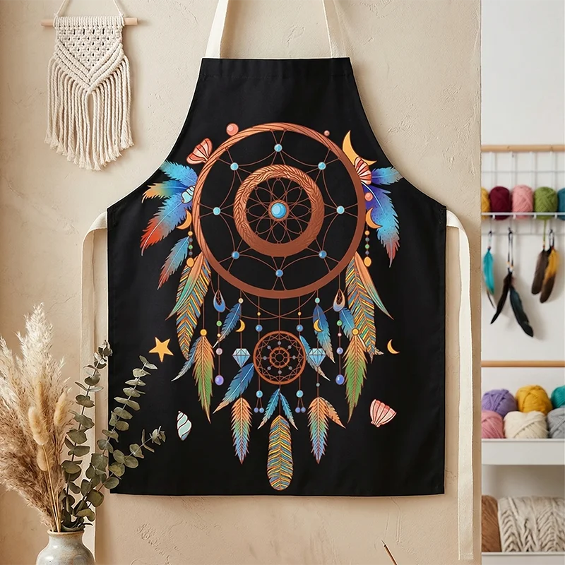 

Bohemian Dreamcatcher Print Kitchen Apron Ethnic Feather Dream Catcher Bib For Women Men Home Cooking Baking Gardening Pinafore