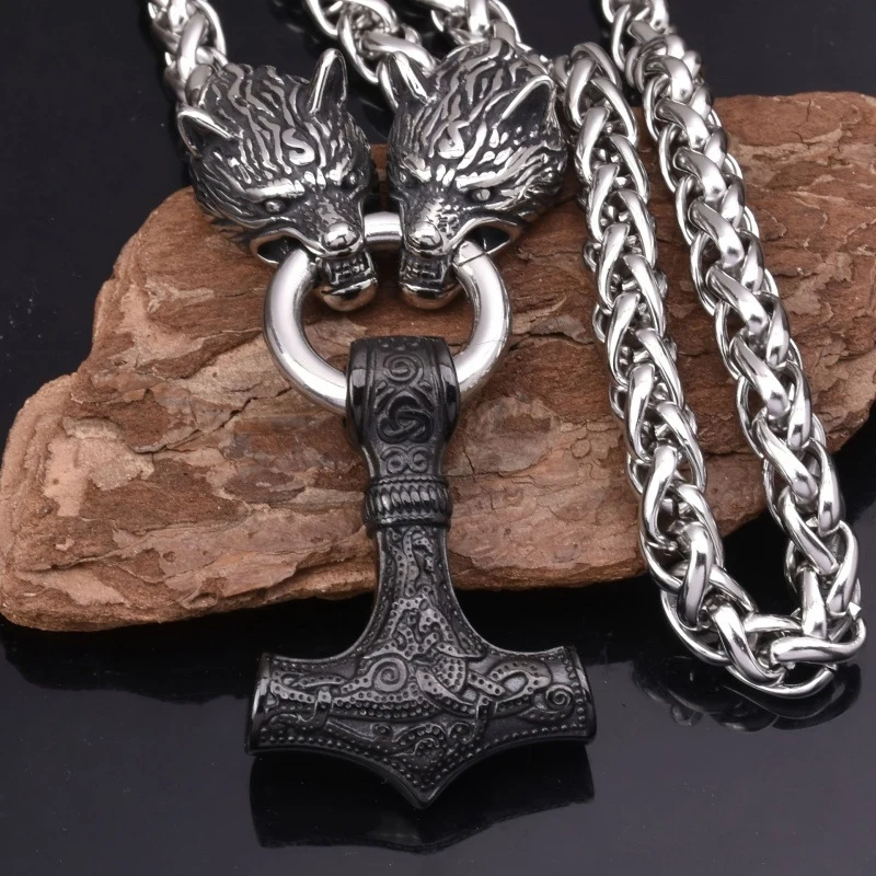 Never Fade Gold Color Odin Wolf Necklace Men Norse Thor Hammer Stainless Steel Self-defense Anchor Pendant Amulet Viking Jewelry view 3