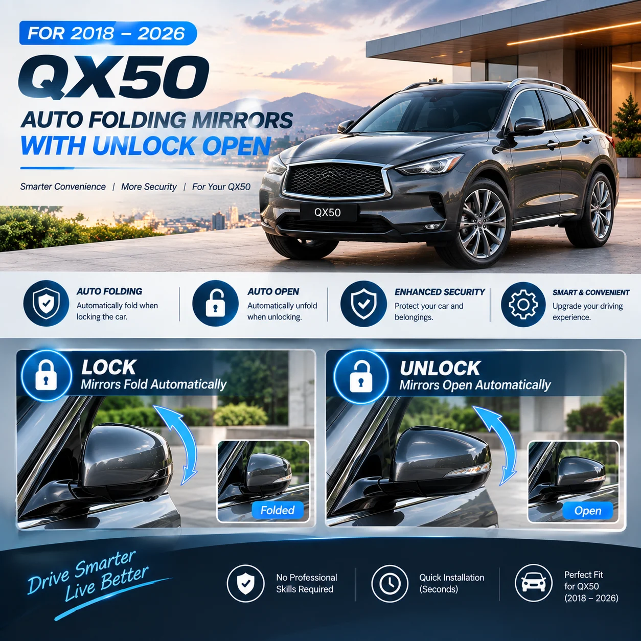dedicated-retrofit-kit-for-infiniti-qx50-2018–2026-models-mirrors-fold-upon-locking-and-unfold-upon-unlocking
