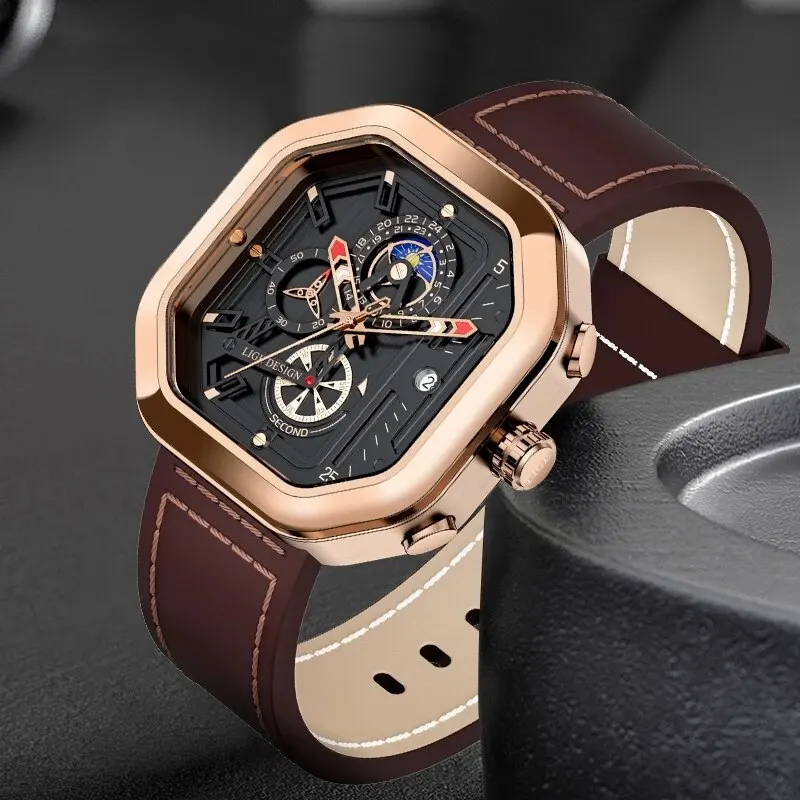 LIGE Fashion Square Dial Leather Mens Watches Luxury Sport Waterproof Watch Man Chronograph Quartz WristWatches Montre Homme
