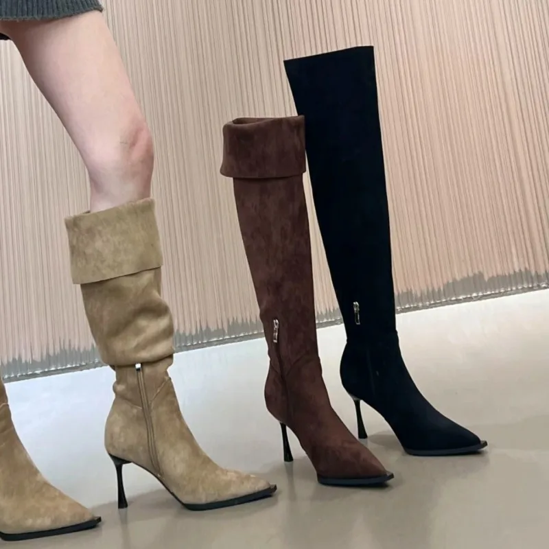 New Light Luxury Korean Version Pointed Toe Women's Thin-heeled Boots Foreign-style Pile Boots High-heeled Knee-length Boots
