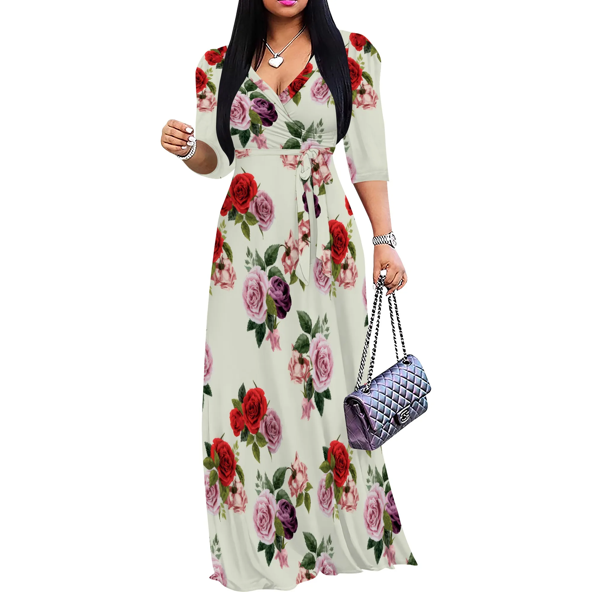 Mehrfarbiges Wickel-Maxikleid mit Rosenmuster, Übergröße, elegantes Frühlings-Hochzeitsgast-Partykleid