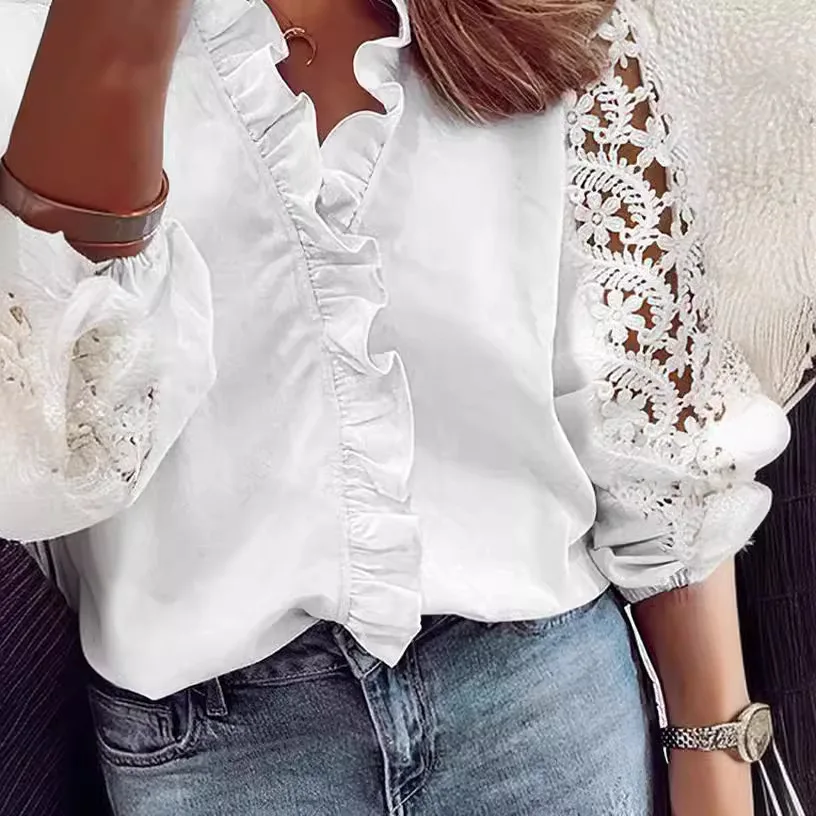 

Ele White Lace Long Sve irt Commute Faion Pure Color Spring Summer New Arrival Women's Slim Fit irt lectual...