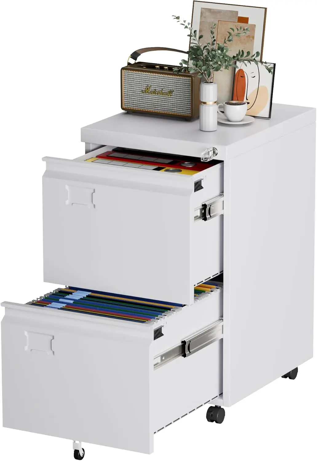 

2 Drawer File Cabinet with Lock, Under Desk Metal Rolling Filing Cabinet for Letter/Legal Size, Mobile File Cabinet with 5 Wheels, Anti-Tilt, Home Office, White