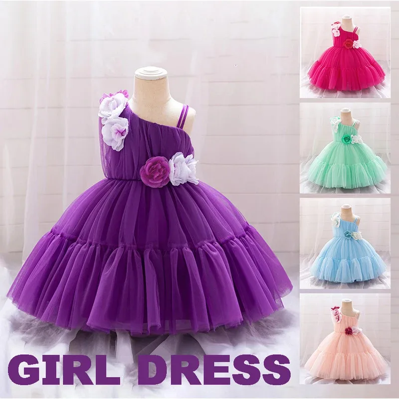 

Baby one-shoulder Dress Baby Solid Color Mesh Three-dimensional Flower Decoration Gown Children Frocks Birthday Party Dress
