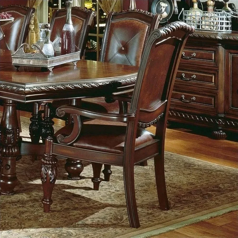 Dining Chair Set of 2 with Wood Frame, Button Tufted Leather Arm Side Chairs, Leather Dining Chair image 3