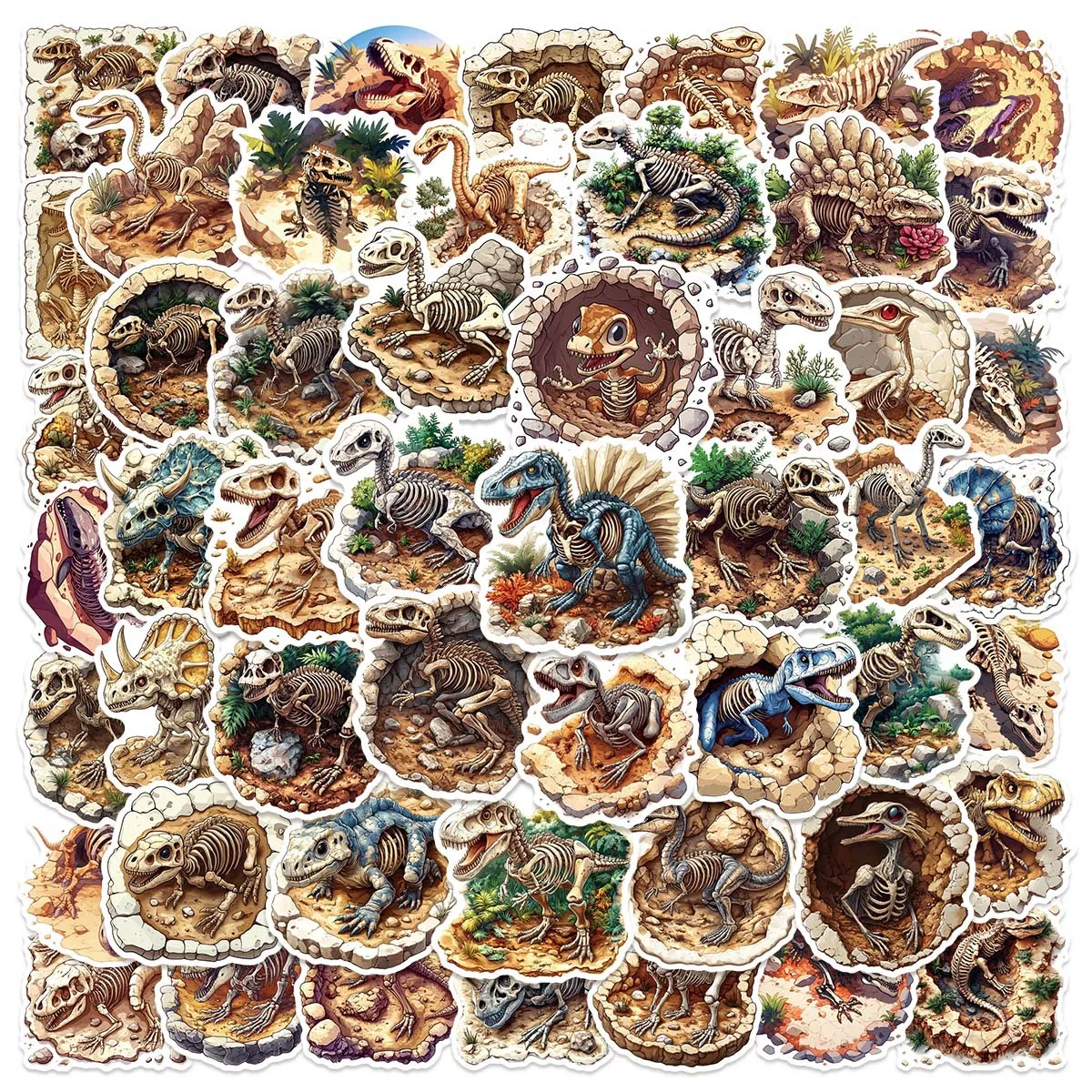 50Pcs Cartoon Dinosaur Fossil Graffiti Stickers Waterproof Decals for Desk Scrapbook Laptop Guitar Suitcase Kids Teens Adults