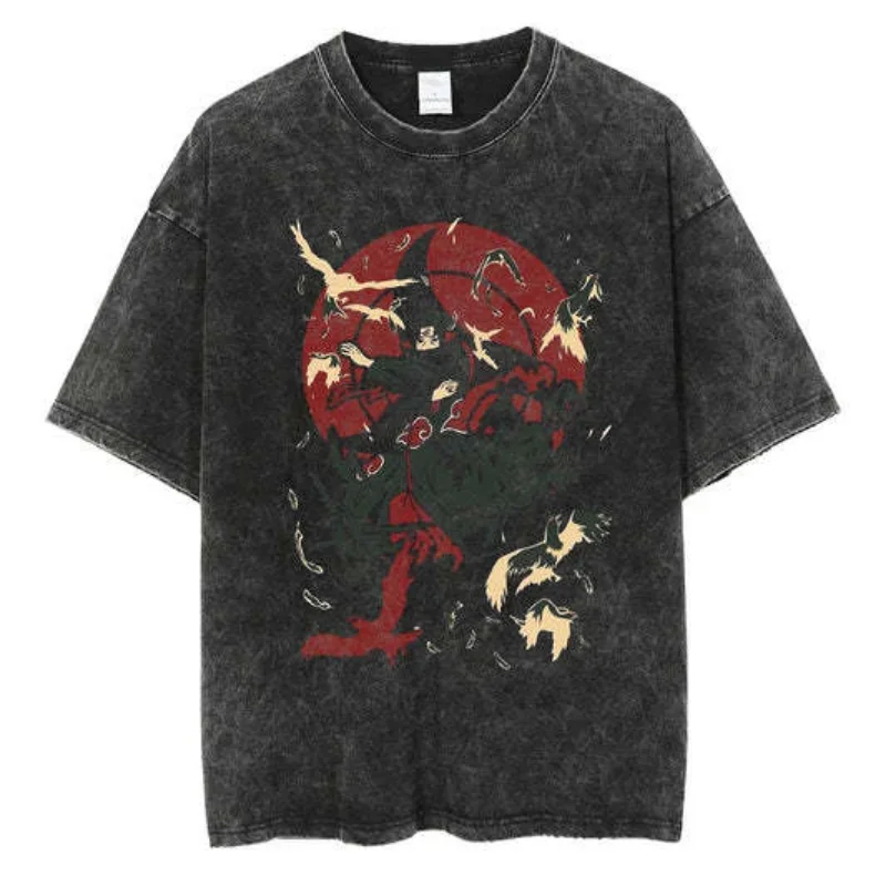 Riman Naruto Shirt Washed and Worn Short Sleeve T-shirt American High Street Retro Style Batik Short Sleeve Anime Top Tees Gift