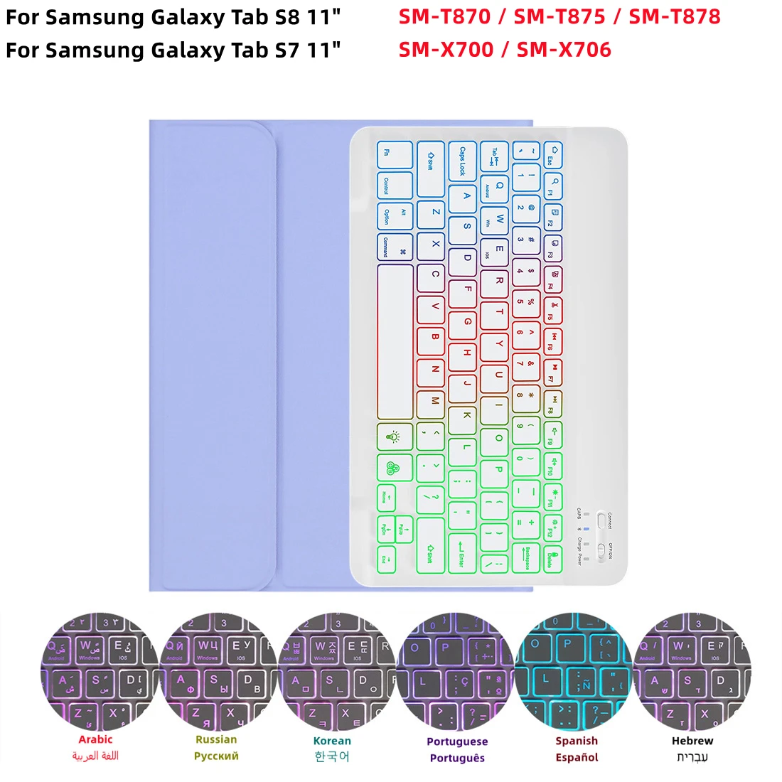 For Samsung Tab S8/S7 11 inch Case RGB Keyboard Mouse Rainbow Backlight Korean Spanish Arabic Hebrew Magic Keyboard Funda