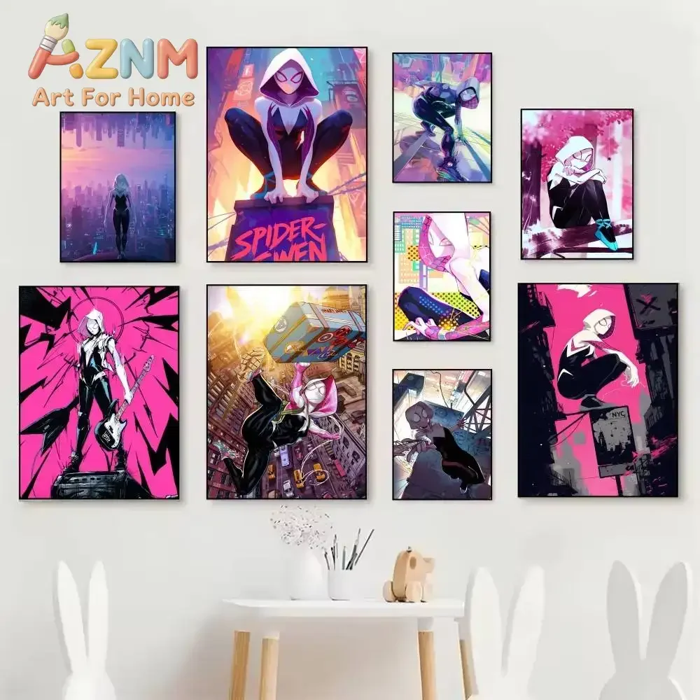 AZNM Spider‑Gwen Canvas Wall Art Girl Super Hero Comic Print Poster for Bedroom Game Room Home Wall Decor