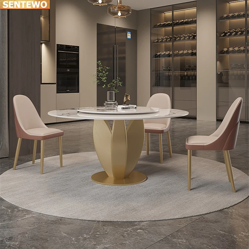 Designer Luxury round dinner Marble Rock Slab dining table set 8 chairs mesa de jantar tablo furniture Stainless steel gold base