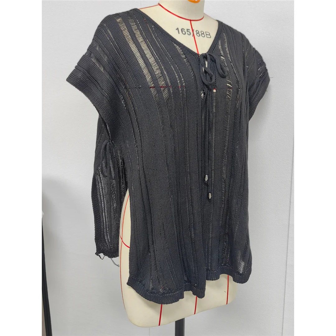 2026 Neues Kurzarm-V-Ausschnitt-Häkel-Strick-Tunika-Strandkleid-Überwurf-Strandkleid-Strandmode-Strandkleidung für Damen V8211 – Detail 24
