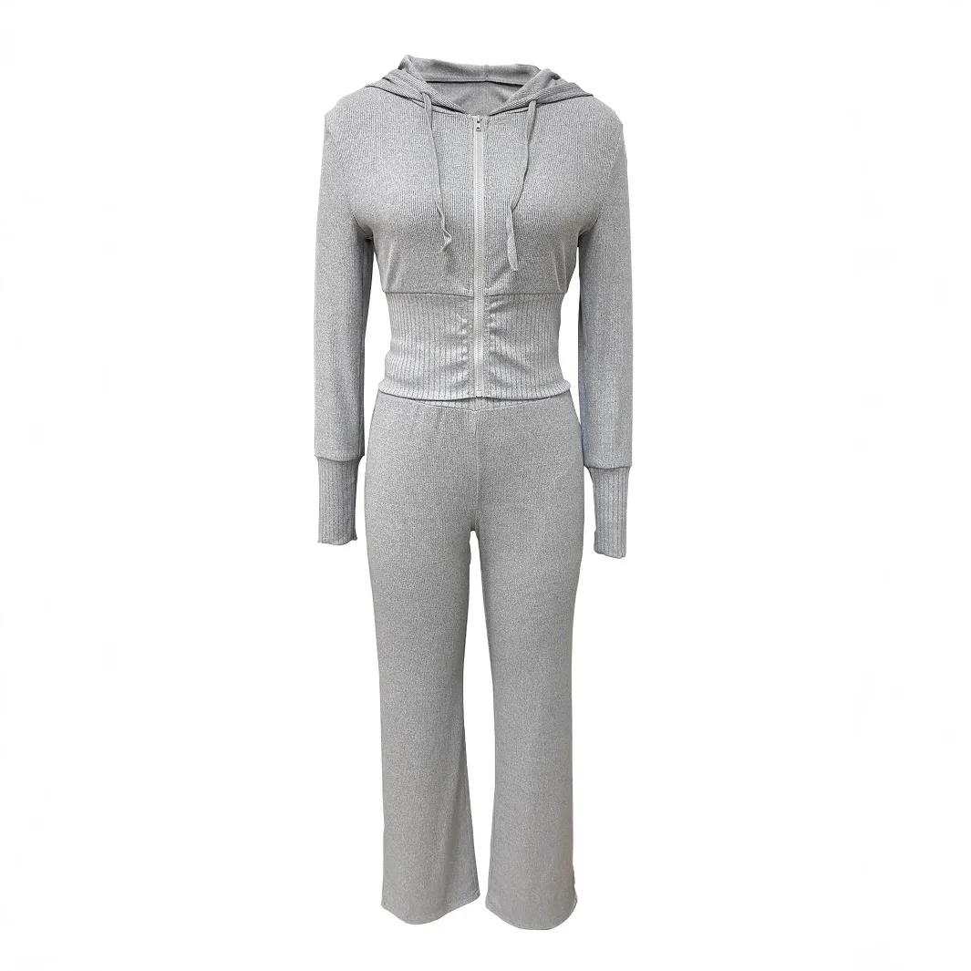American Fashion Women's Grey Solid Color Casual Trendy Sexy Sports 2 Piece Sets Long Sleeve Hooded Zipper Tops Wide Leg Pants