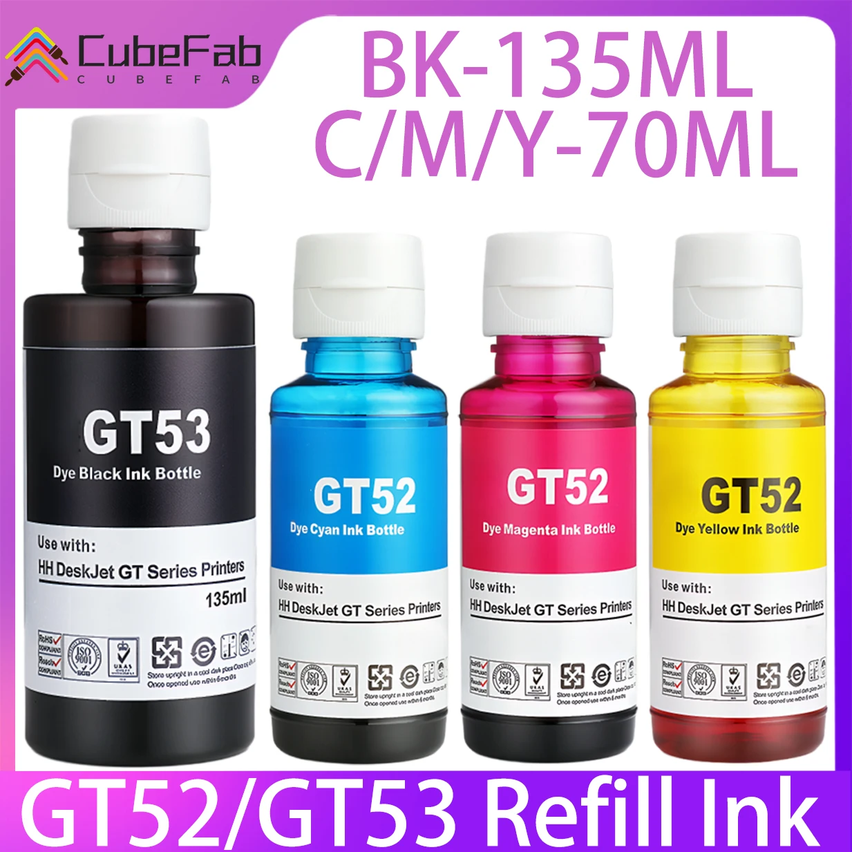 حبر إعادة تعبئة GT51 GT52 GT53 لحبر HP GT51 GT52 GT53 للطابعة HP الذكية 450 455 500 510 515 516 519 530 559 GT5810 GT5820