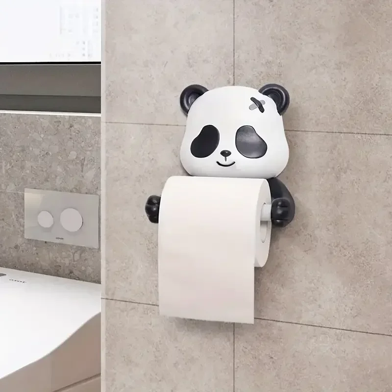 1 Cartoon Panda Wall Mounted Toilet Paper Holder, Plastic Self-adhesive No Drilling Bathroom Tissue Roll Holder