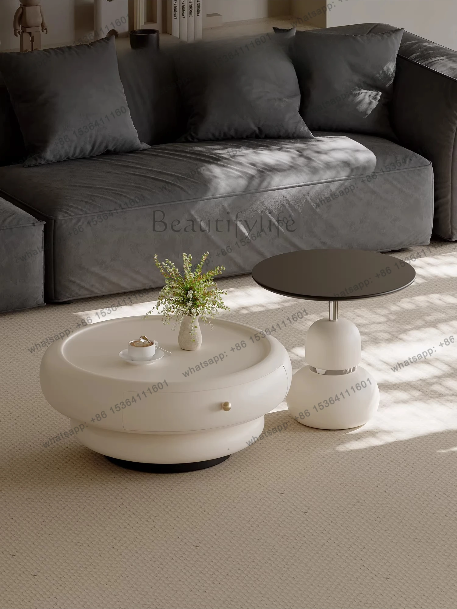 

Комбинация журнальных столиков Cream Wind: круглый стол для гостиной с функцией хранения, премиум-класс, итальянский минимализм