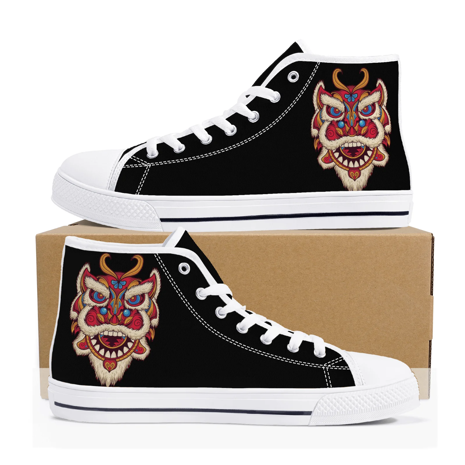 

Customizable lion dance head high-top canvas shoes, denim shoes, casual sneakers for boys and girls, European sizes 35-48