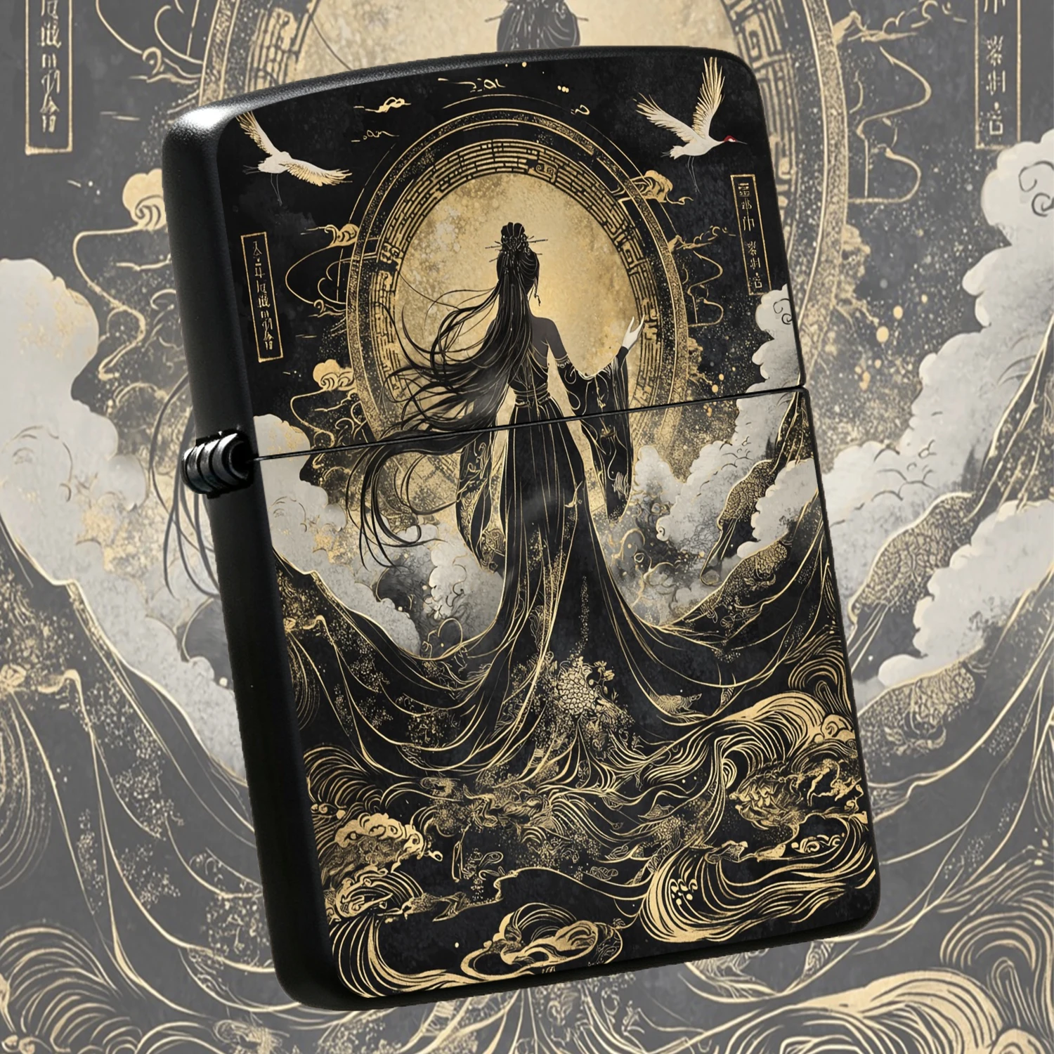 Eastern Style Style Gilded FAIRY Crane Windproof Lighter Retro BLACK Gloss Exquisite Printing Cloud Goddess Moon Viewing Creative Personality Collectible Gift for Friends Boyfriend Festive Present A Fun and Humorous Lighter