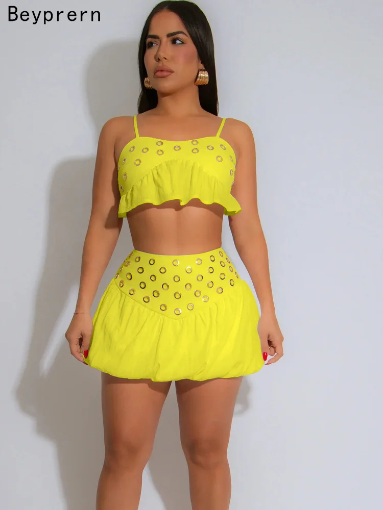 

Beyprern Elegant Womens Eyelet Ruffles Skirt Set Yellow Outfits Two-Piece Dress Summer Ruffles Tracksuits Set Clubwear Outfits