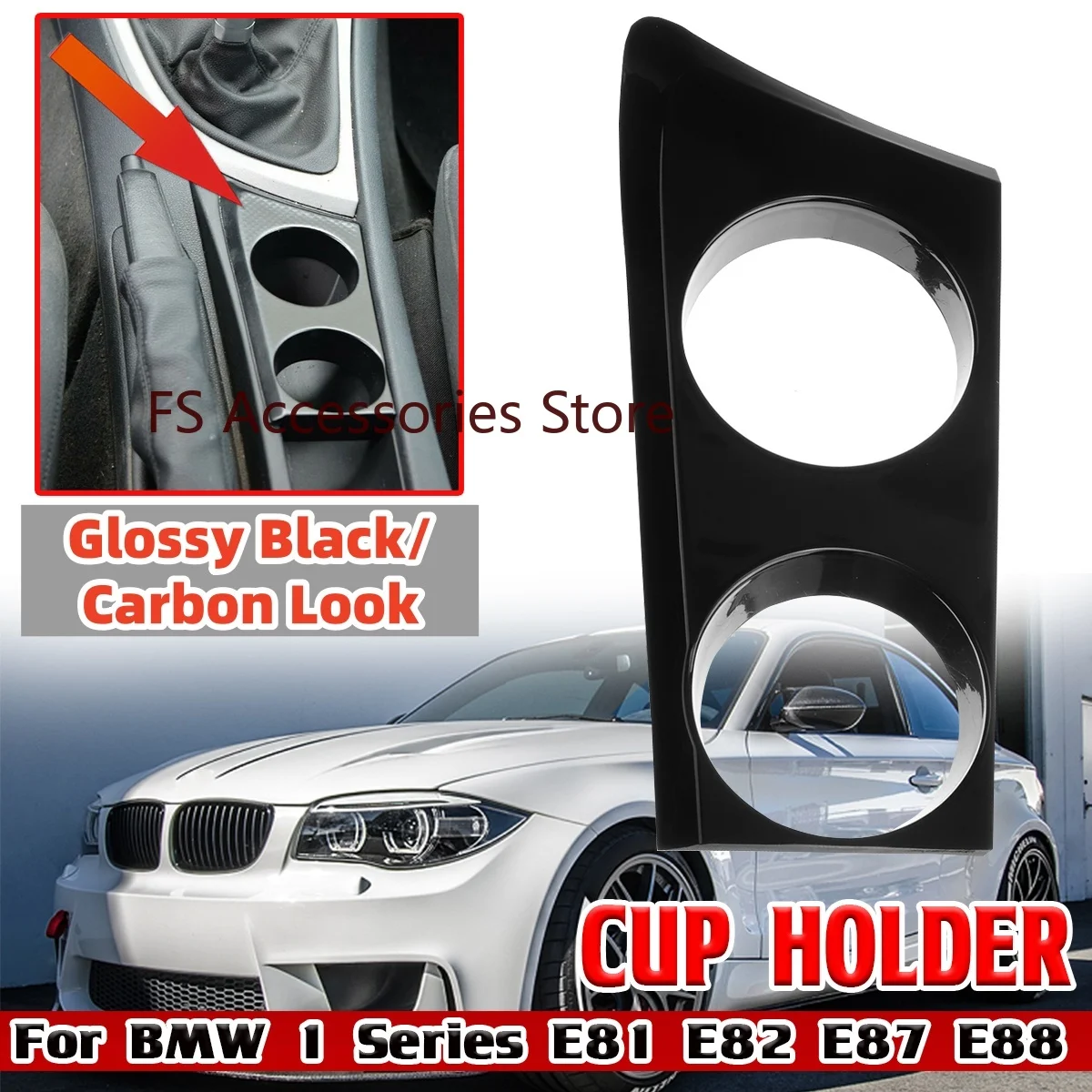 (LHD) Per BMW Serie 1 E81 E82 E87 E88 Nero lucido Carbon Look Portabicchieri per auto Portabevande per acqua