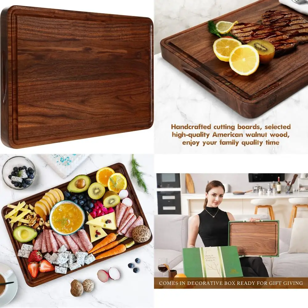 

Large 17x11 Inch Walnut Wood Chopping Board with Deep Juice Groove, Side Handle, Thick Butcher Block for Kitchen Use
