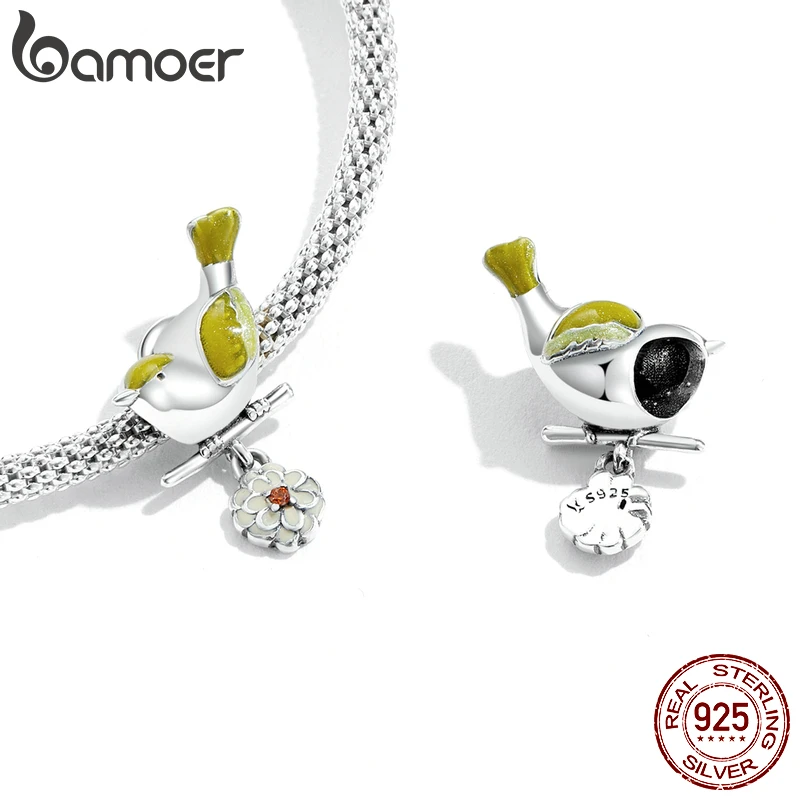 BAMOER 925 Sterling Silver Colored Flower & Bird Charms Sunflower Pendant fit for Original Bracelet & Bangle Fine Jewelry DIY