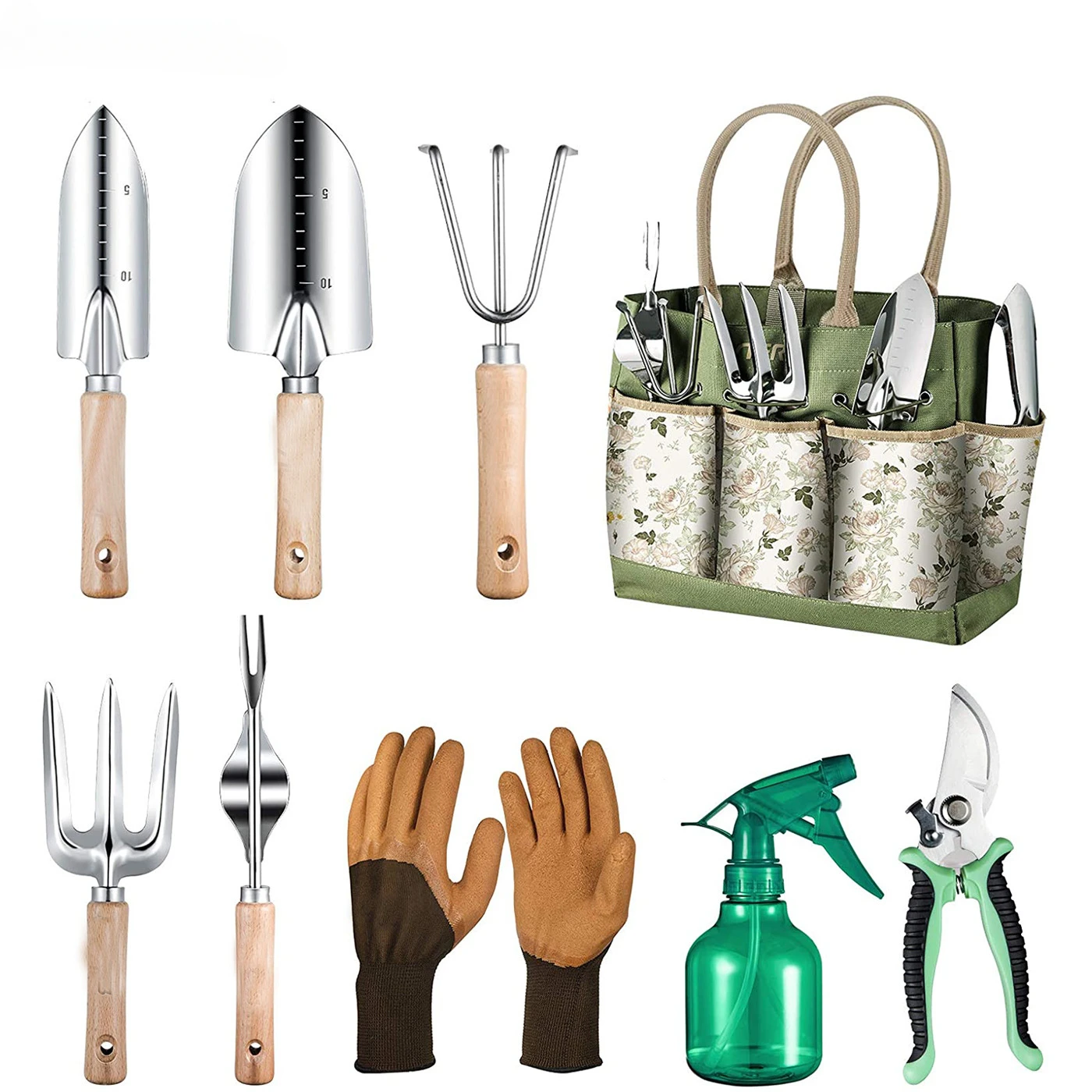 Hot Wooden Handle Stainless Steel Garden Tool Set Gardening Flower Kettle Garden Tool Set