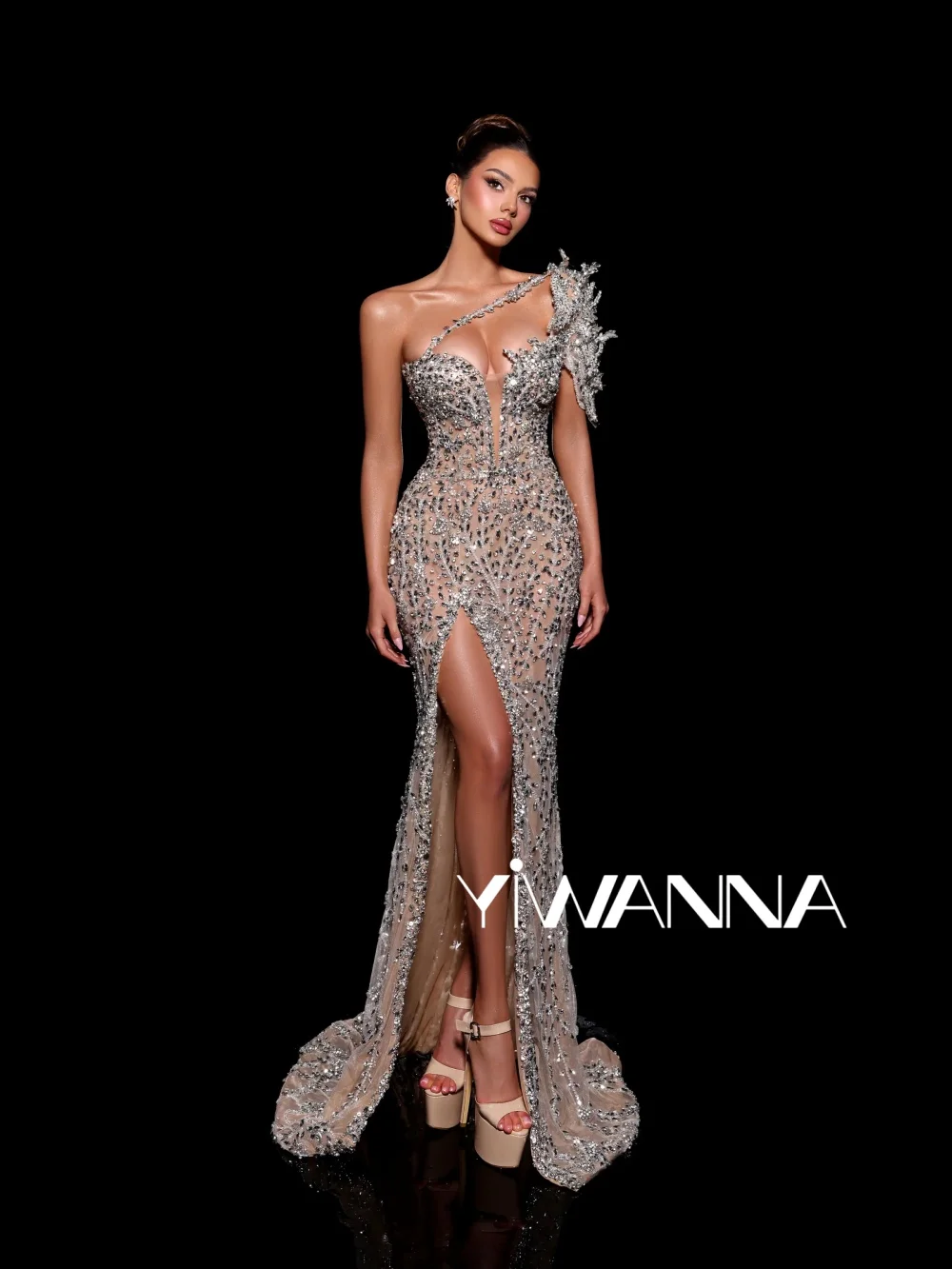 

Impressive Luxurious Embroidery Evening Dress Dazzling Crystal Mermaid Wedding Party Gown Customized High Slit Prom Dresses