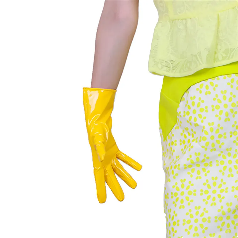 Patent Leather Gloves Female 28cm Faux Leather Imitation Sheepskin PU Women Gloves Bright Banana Yellow Cosplay HPU49