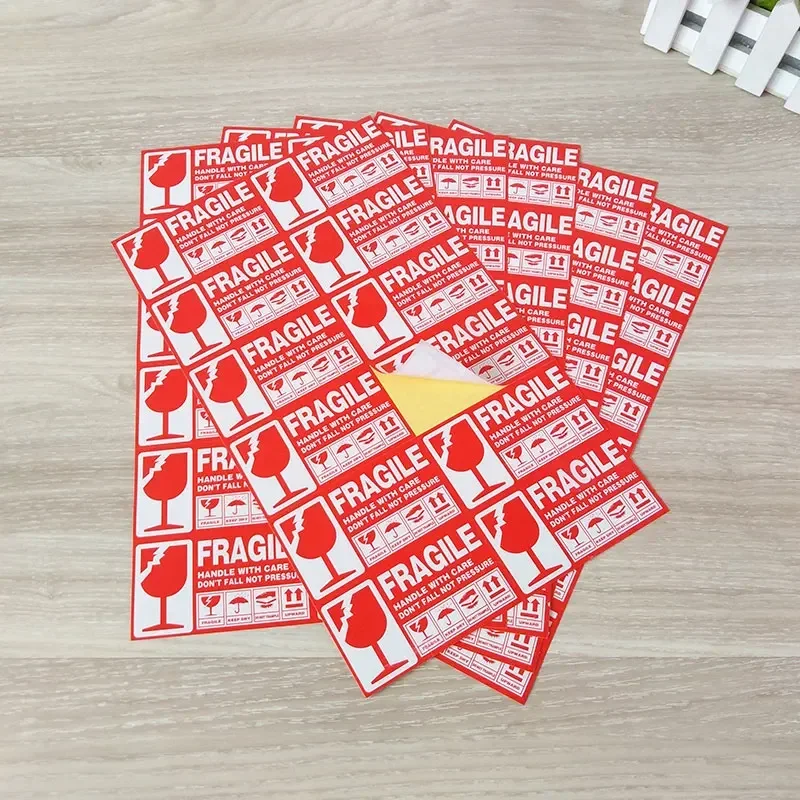 1000 Pieces Fragile Articles English Autohesion Stickers Rectangle Red Logistics Transportation Glass Identification Stickers