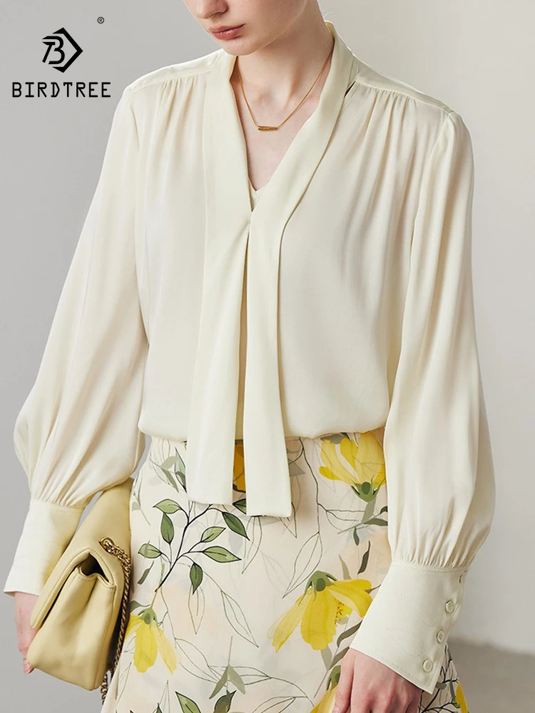 BirdTree, 19MM 90%Natural Silk Elegant Shirt, Women Long Sleeve V Neck Ribbon, Commute OL Blouse, 2024 Summer Autumn T47574QC