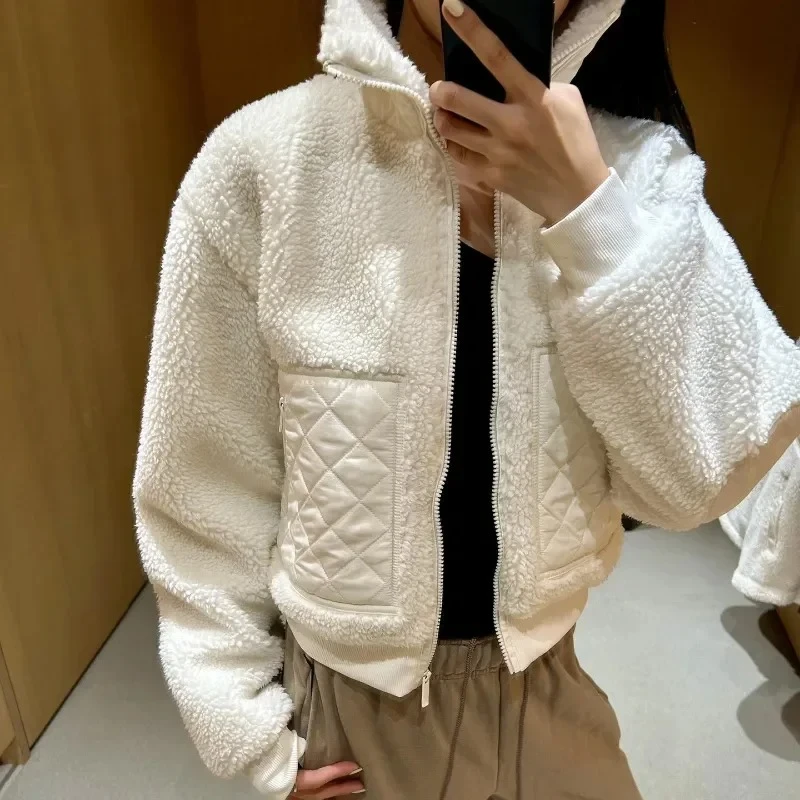 

Fashion Stand-up Collar Zipper Winter Jacket Lamb Plush Warm Short Coat Autumn Winter Women Outerwear Solid White Thicken Coats
