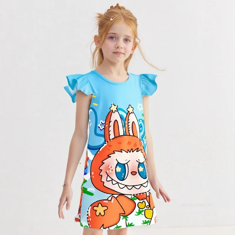 

Kids Clothes Baby Girls Dress Cute Cartoon Labubu Short-sleeved Dress Toddler Kawaii Milk Shreds Sleeping Dress Pajamas 4-10y