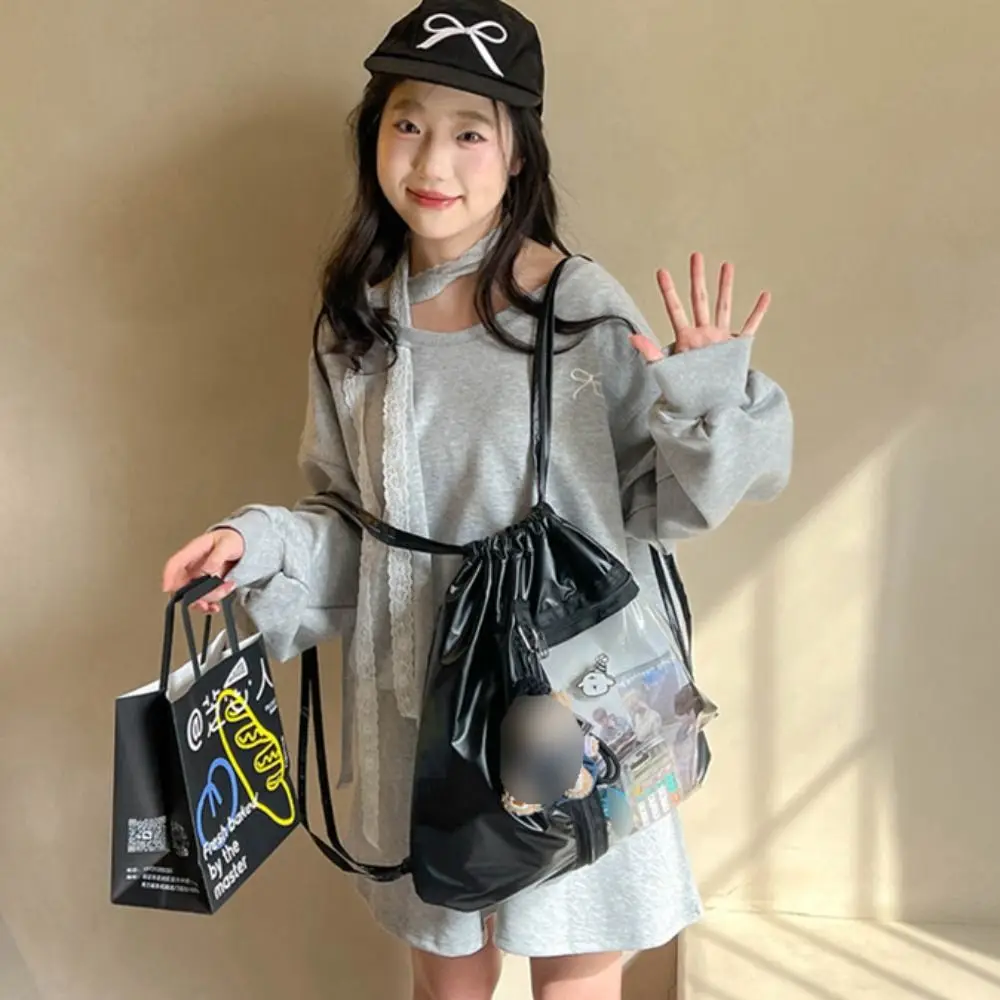 

Transparent Pocket Drawstring Backpack Silver PU Lightweight Korean Style Itabag Fashion Design Large Capacity Shoulder Bag
