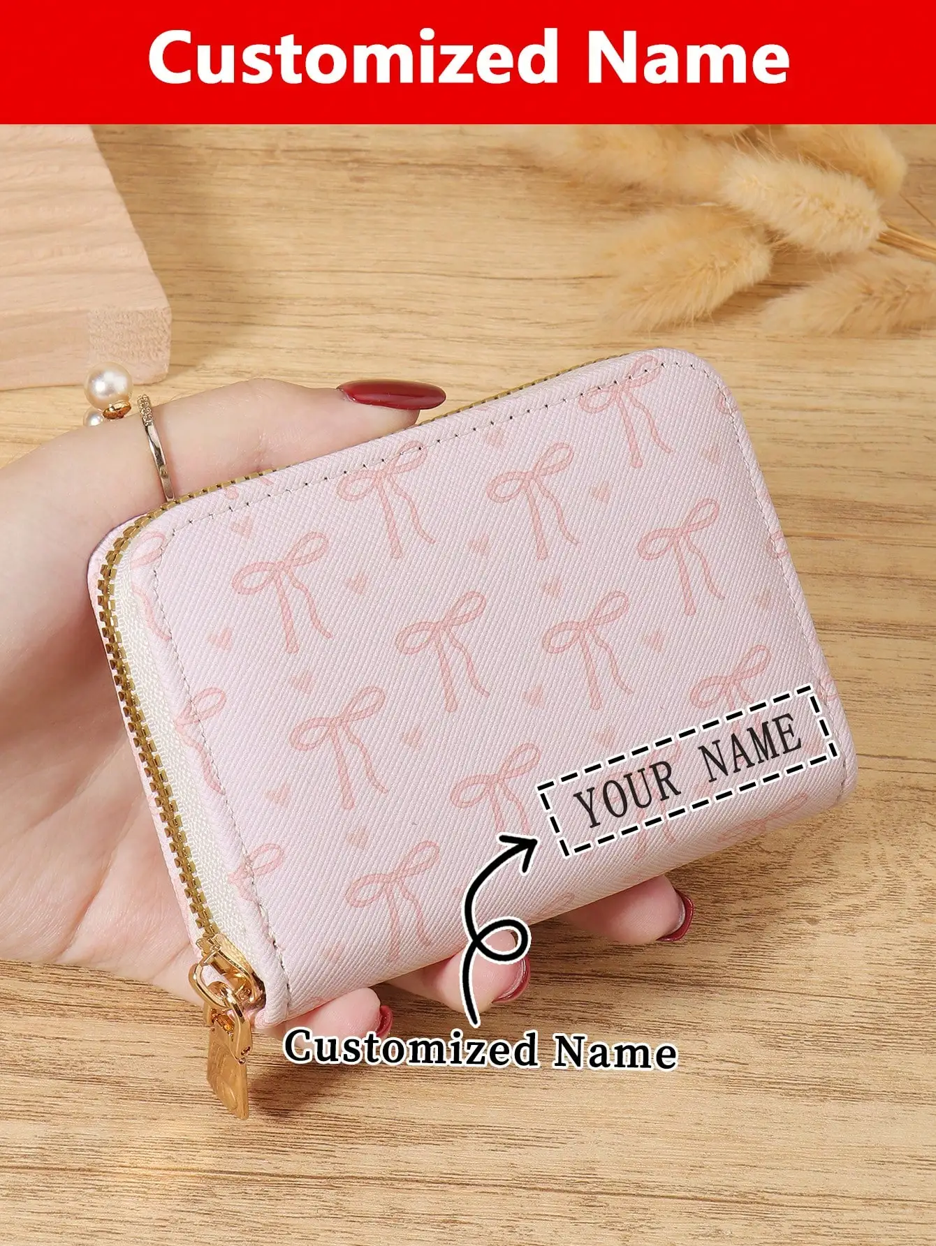 

Customized Name Bow Print Wallet for Women, Personalized Monogram Zipper Card Holder, Cute Pink Small Purse for Cards and Coins