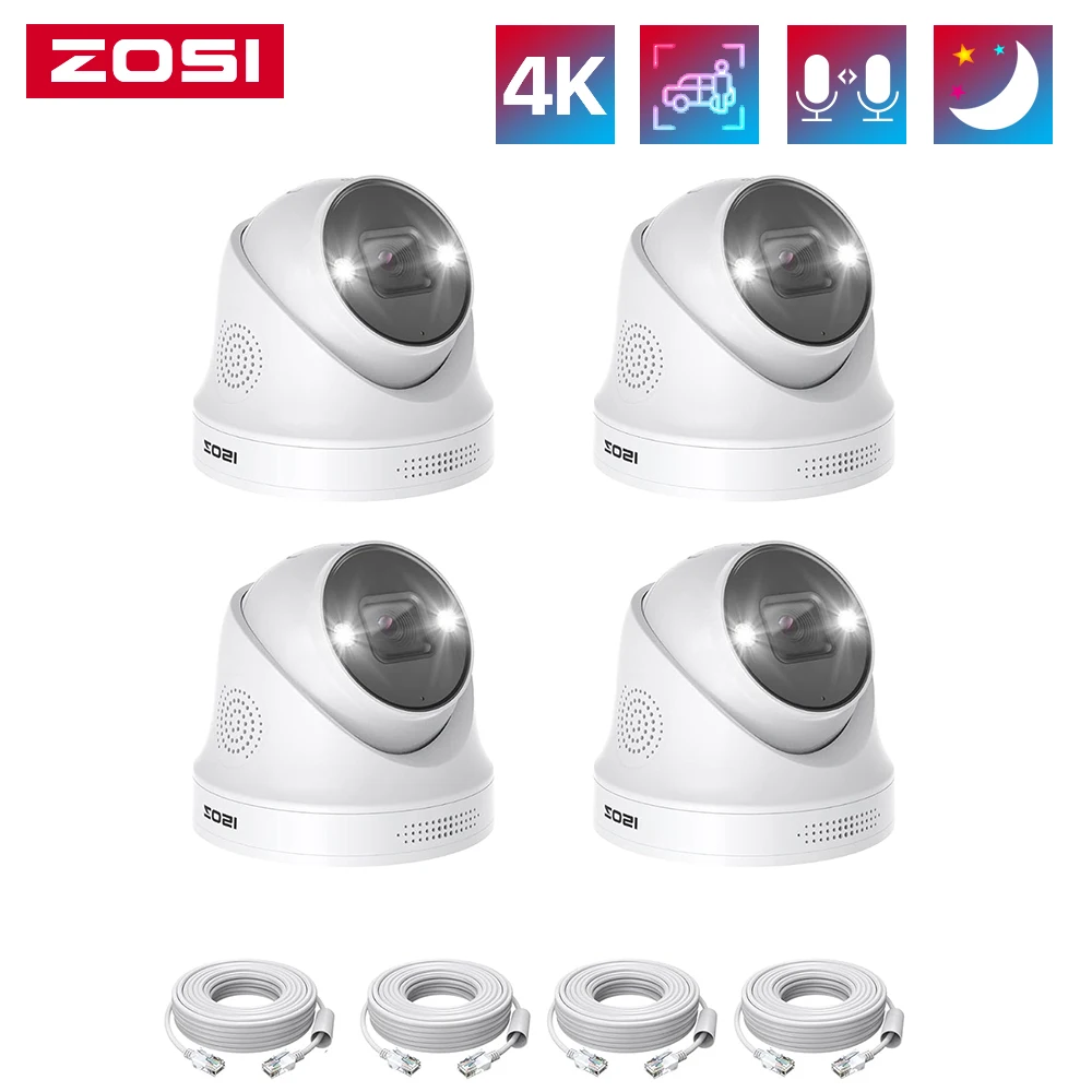ZOSI 4K PoE Security Cameras with Ethernet Cables 8MP Weatherproof Outdoor Add-on Bullet/Dome Camera Only Work with ZOSI PoE NVR