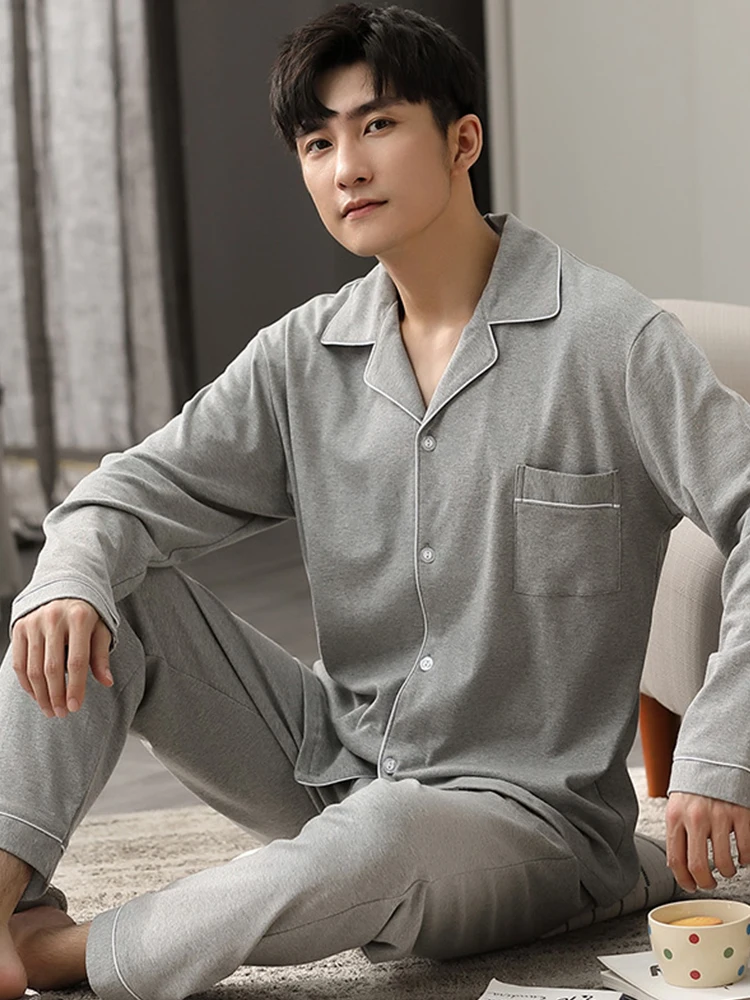 Blue Cotton Pajamas Winter Men Sleepwear Nightwear Full Sleeves PJ Pijama Hombre Home Clothes 2 Pieces Set Cotton Pyjama Homme