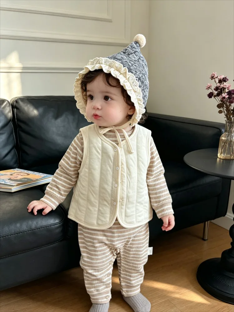 Casual striped baby jumpsuit Class A boneless hoodie crawling clothes baby long sleeve children's button spring autumn jumpsuit
