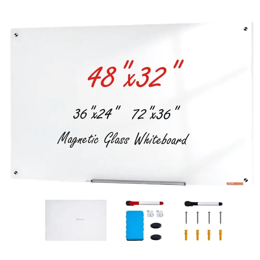

Magnetic Glass Whiteboard 48x32 Wall-Mounted Frameless with Marker Tray Eraser 2 Markers White
