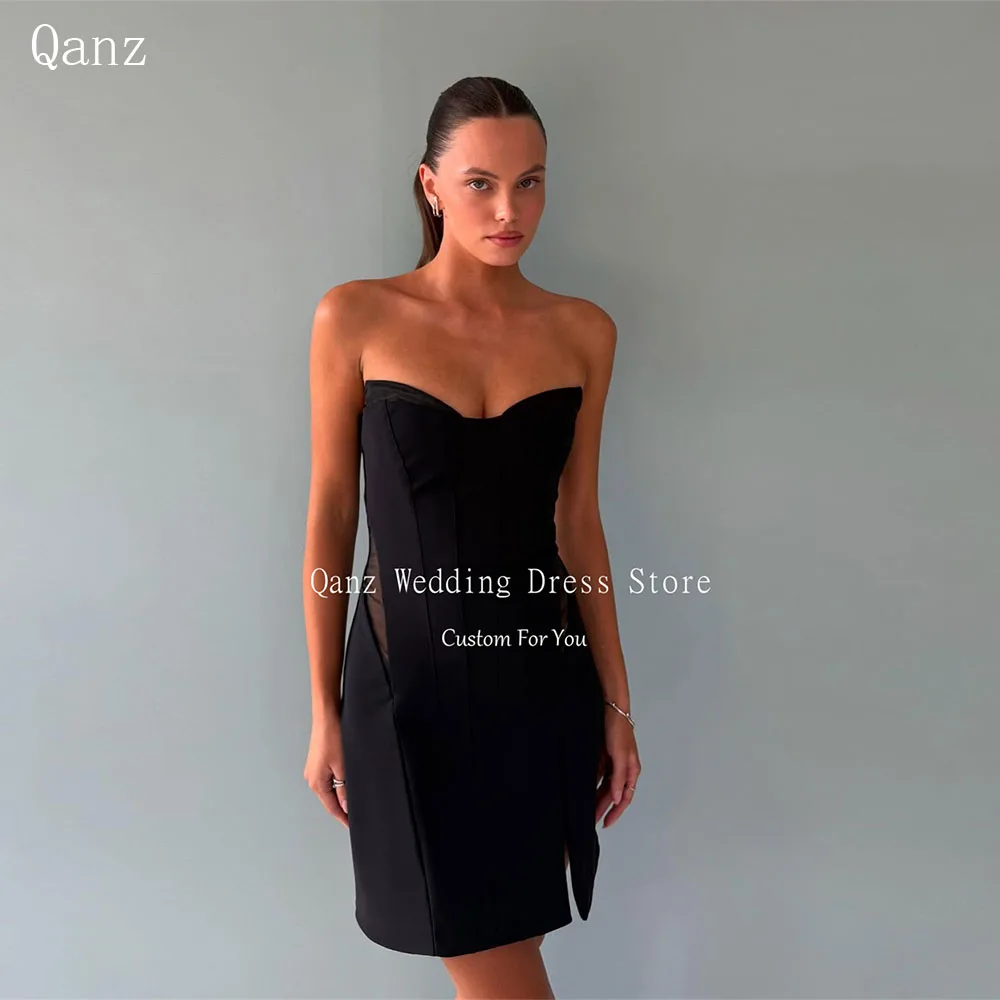 

Qanz Black Satin Mini Prom Dresses Sweetheart Sleeless Party Dresses Woman Modern Vestidos Para Eventos Especiales Customized
