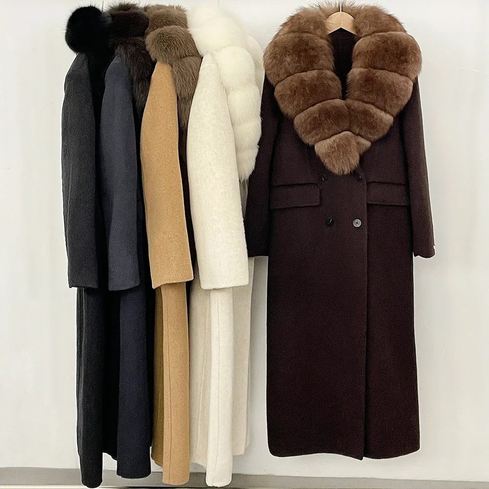 OFTBUY Neue Winterkleidung Damen Langer Doppelreihiger Wollmantel mit Echtem Pelzkragen Modische Lässige Natürliche Fuchspelz-Wolljacke – Detail 4