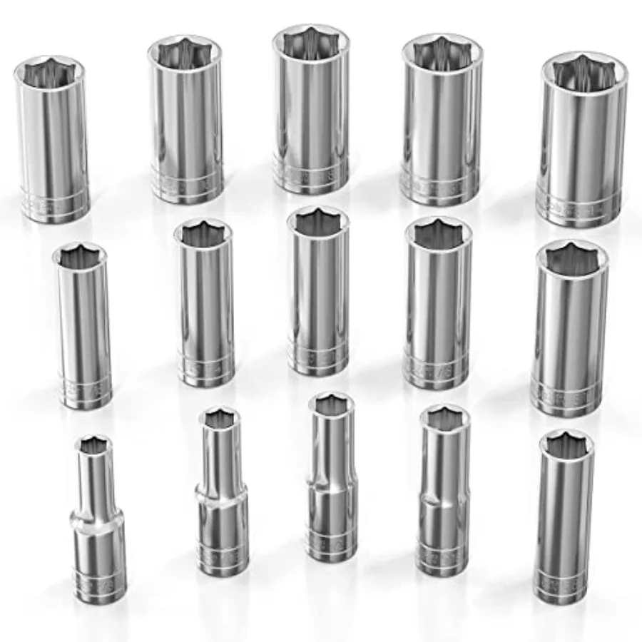 

Socket Set - 1/2-Inch Drive 18pc - 6-Point Chrome Sockets from 3/8" to 1-1/4" and No Skipped Sizes - Mechanic Socket Set - Prof