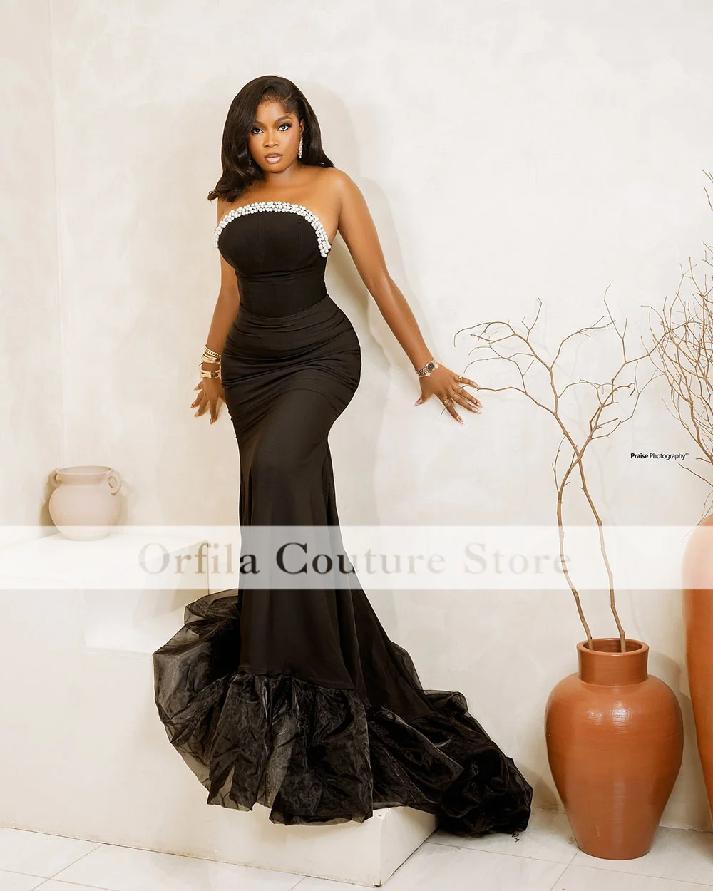 Sexy Black Evening Dresses Strapless Beading Mermaid Wedding Party Gowns Prom Dress Gorgeous Vestido De Noiva Customizded