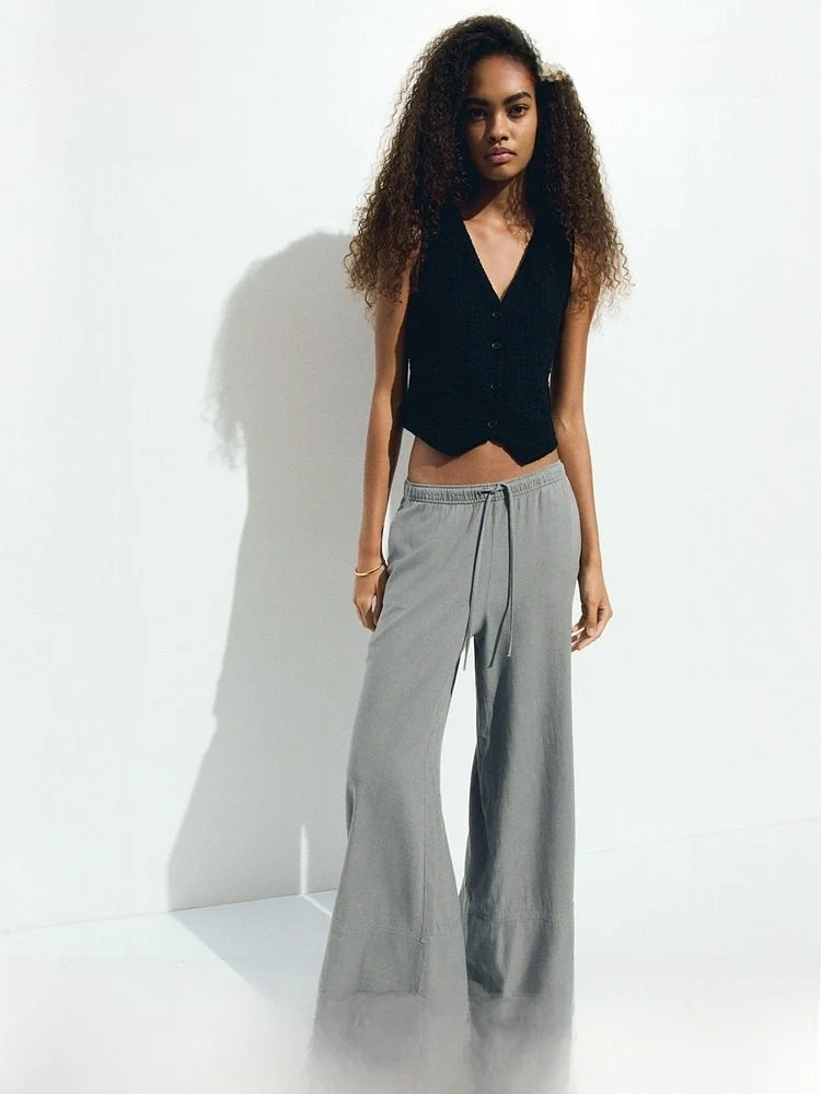 

H&M Summer New Women's Wide Leg Pants Drawstring Casual Linen Blend Comfortable Natural Waist Age Range 18-24 Years Old