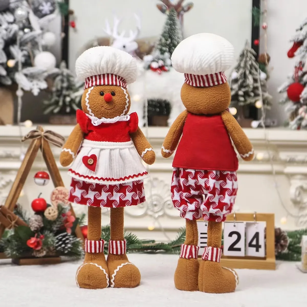 Christmas Telescopic Gingerbread Man Doll Adorable Chef Hat Gingerbread Man Standing Figurines DIY Christmas Window Decoration